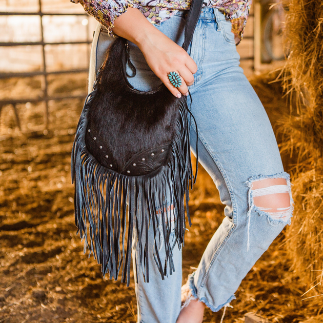 Leather purse with top fringe