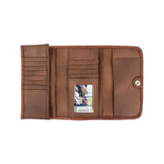 a brown leather wallet with multiple card slots and a small photo card inside.