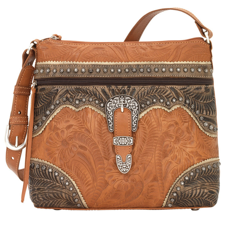 Saddle Ridge shoulder bag in natural tan with hand tooled leather accents and buckle