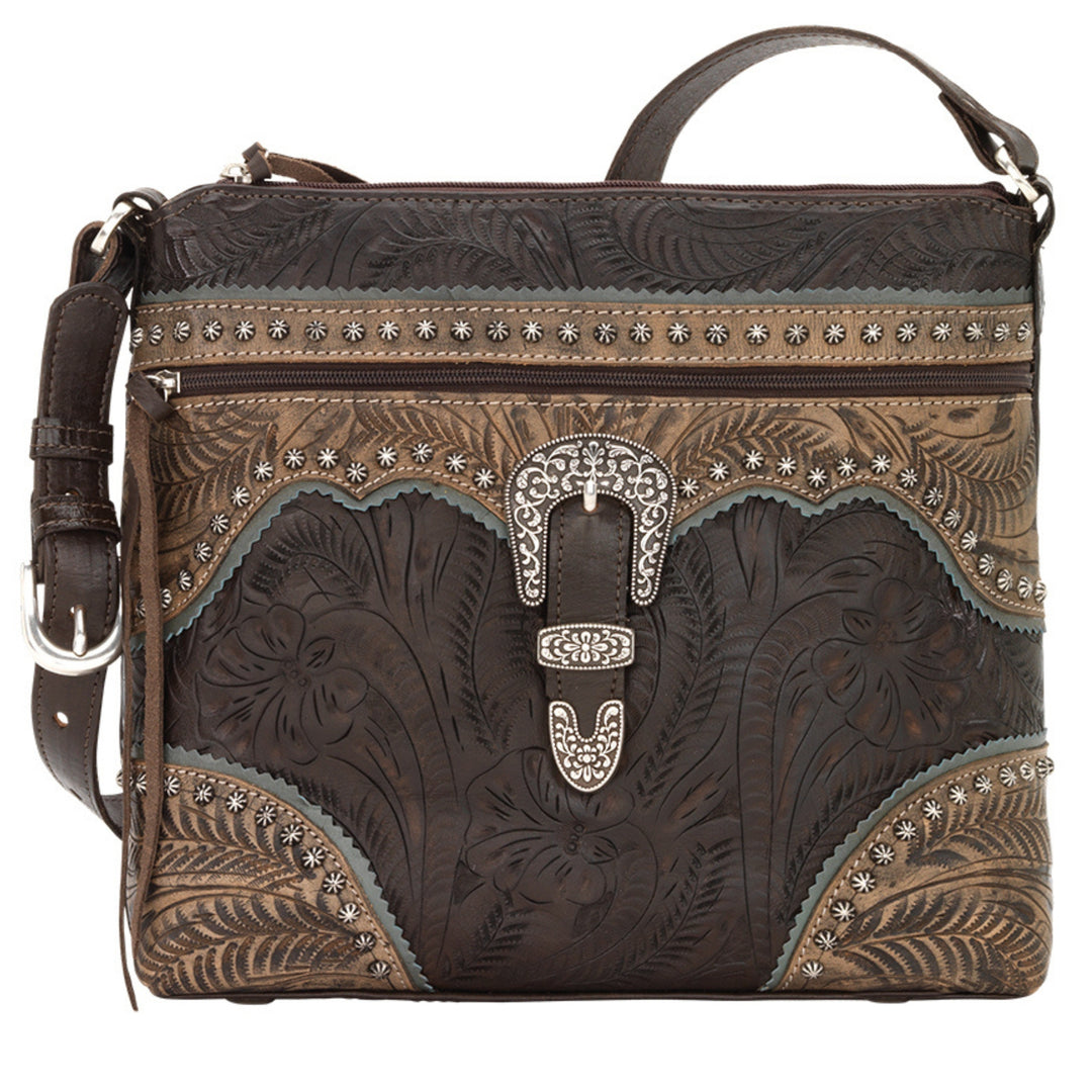 Saddle Ridge shoulder bag in chocolate brown with hand tooled leather accents and buckle