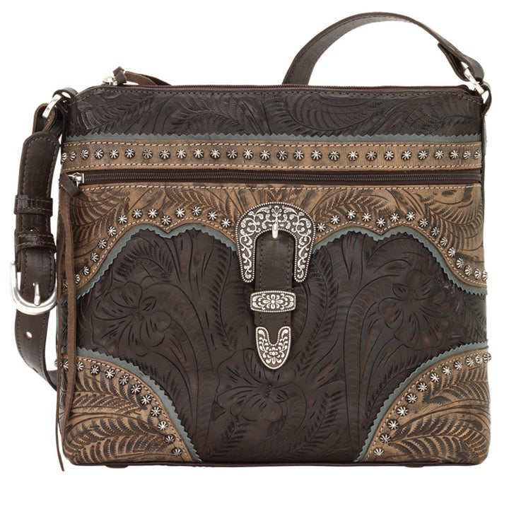 Saddle Ridge shoulder bag in chocolate brown with hand tooled leather accents and buckle