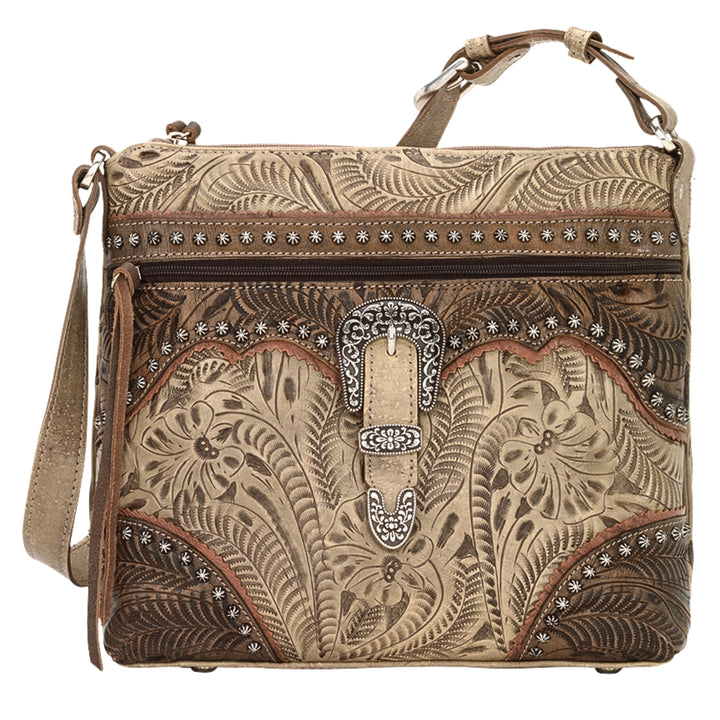 Saddle Ridge shoulder bag in sand with hand tooled leather accents and buckle