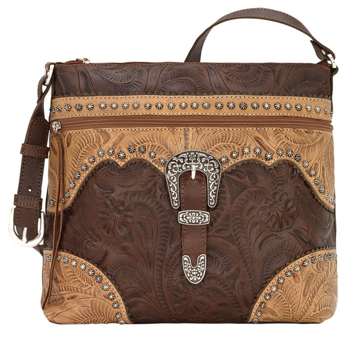 Saddle Ridge shoulder bag in dark brown with hand tooled leather accents and buckle