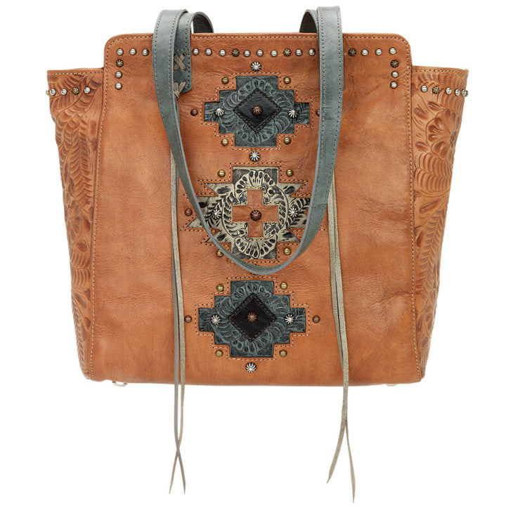 Navajo Soul tote in natural tan with hand tooled leather accents