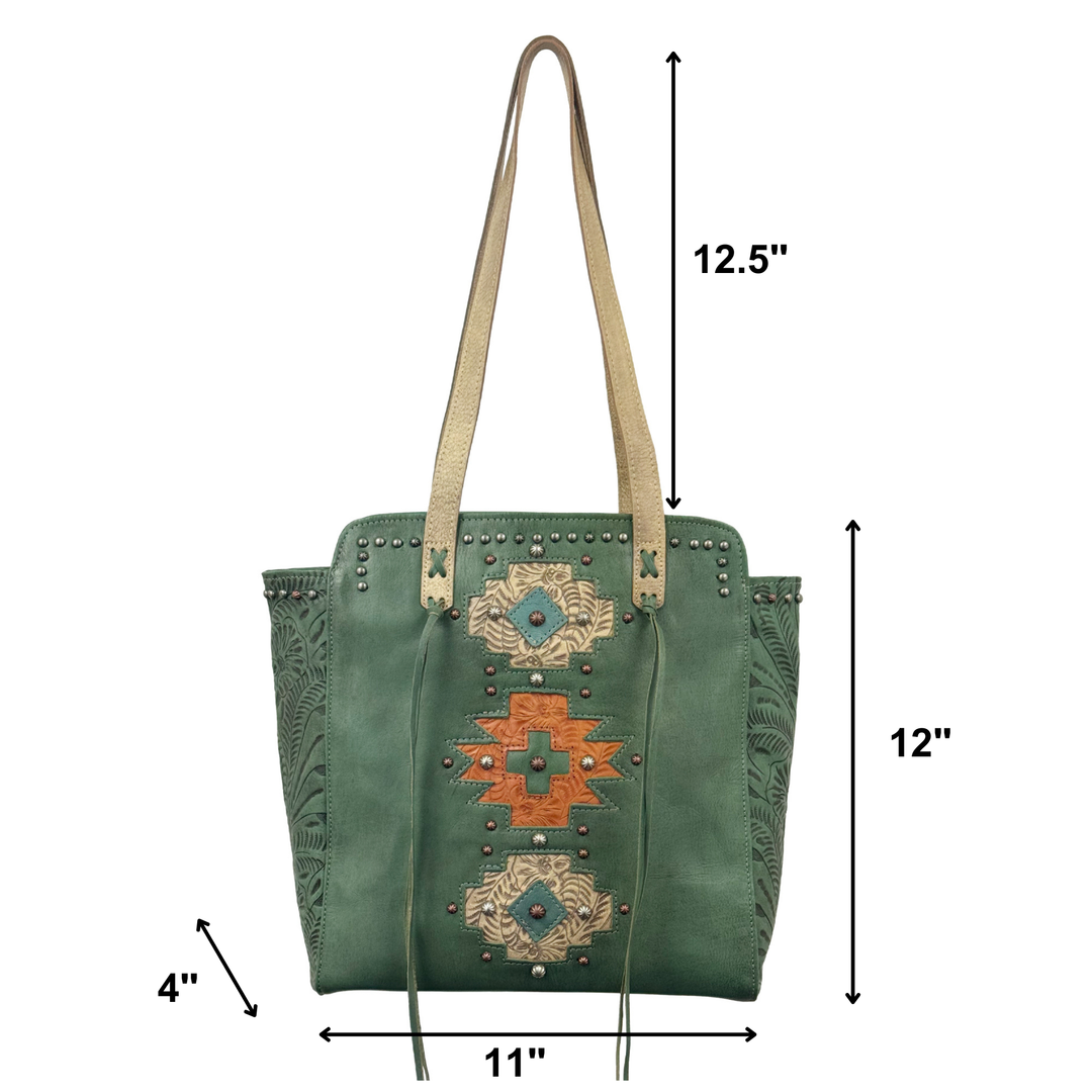 Navajo Soul tote in light turquoise with hand tooled leather accents with dimensions