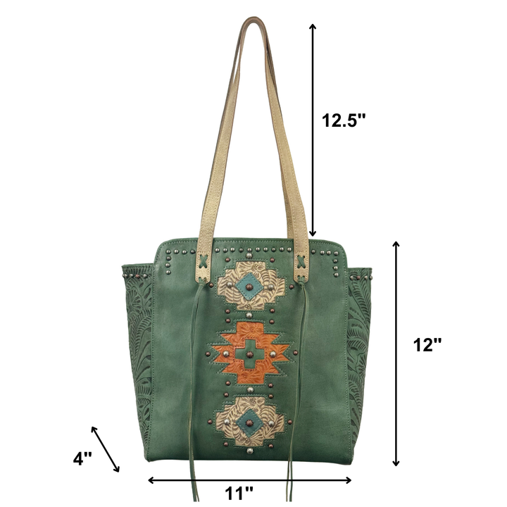 Navajo Soul tote in light turquoise with hand tooled leather accents with dimensions