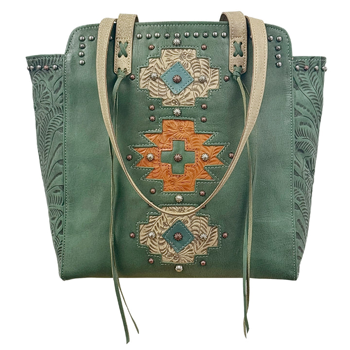 Navajo Soul tote in light turquoise with hand tooled leather accents