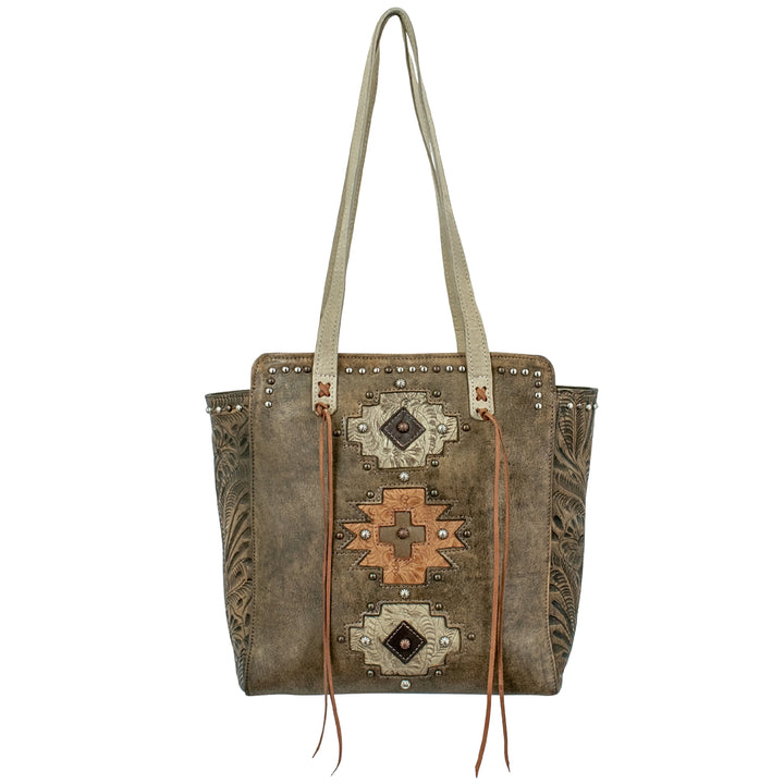 Navajo Soul tote in distressed charcoal brown with hand tooled leather accents with straps up