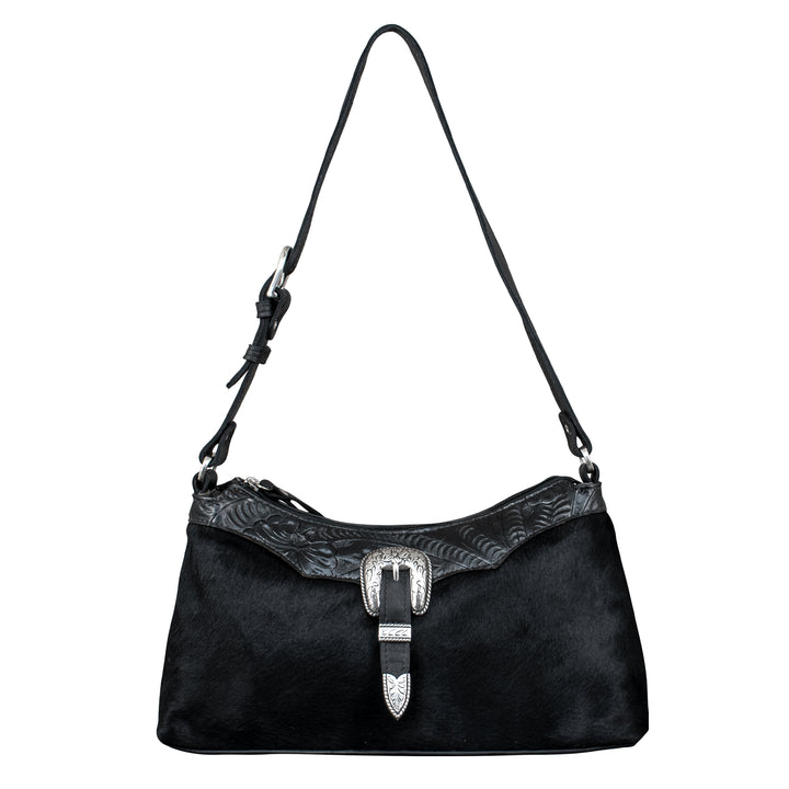 Cow Town shoulder bag in black with hair-on hide leather accents with strap up
