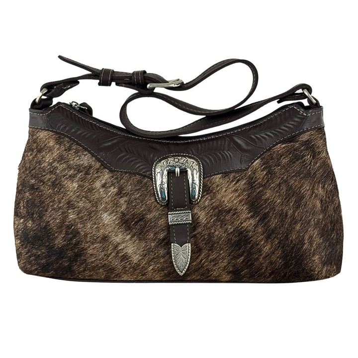 Cow Town shoulder bag in brindle with hair-on hide leather accents