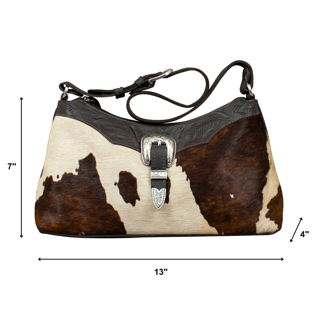 Cow Town shoulder bag in pony with hair-on hide leather accents with dimensions