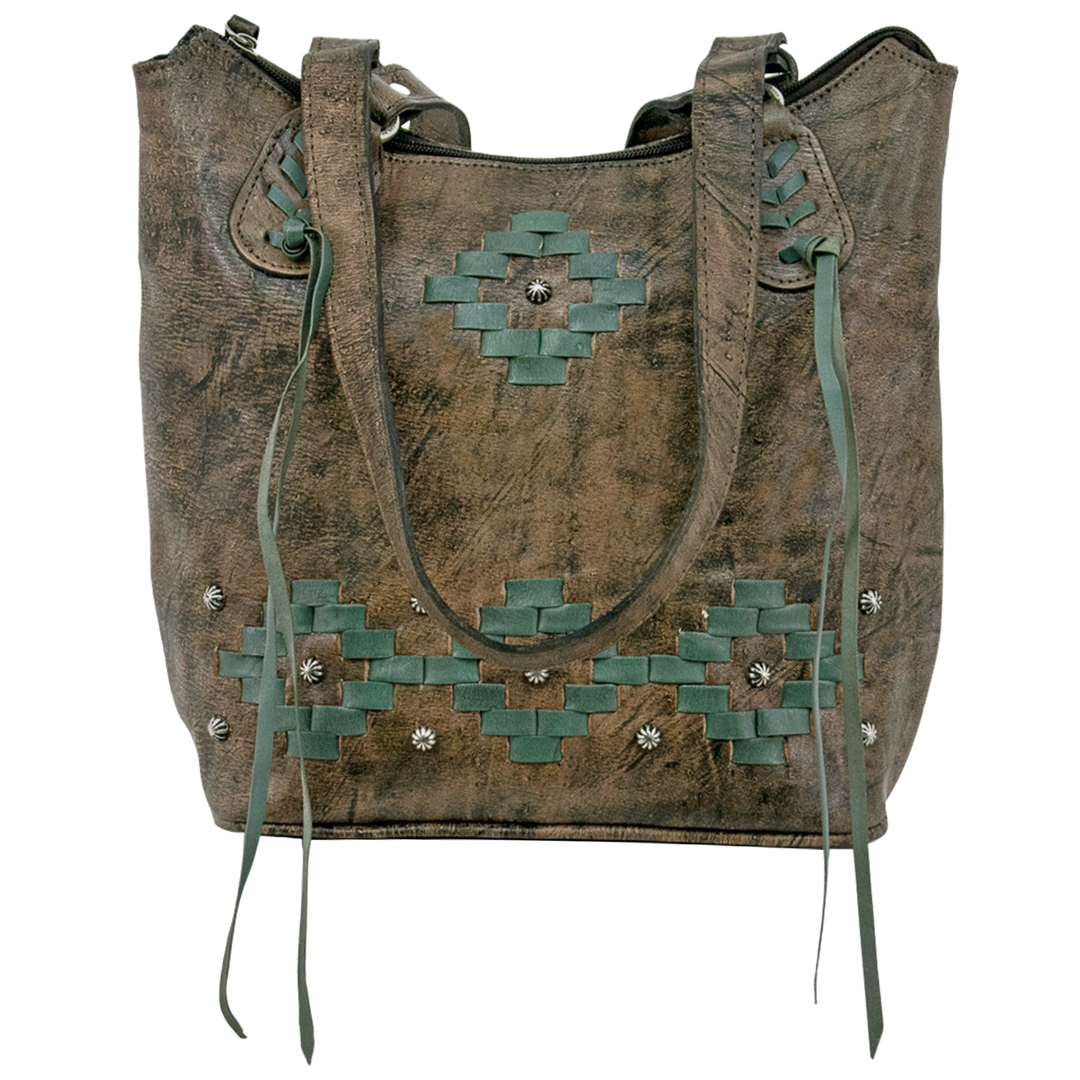 Tribal Weave bucket tote in distressed charcoal brown with leather stitching accents