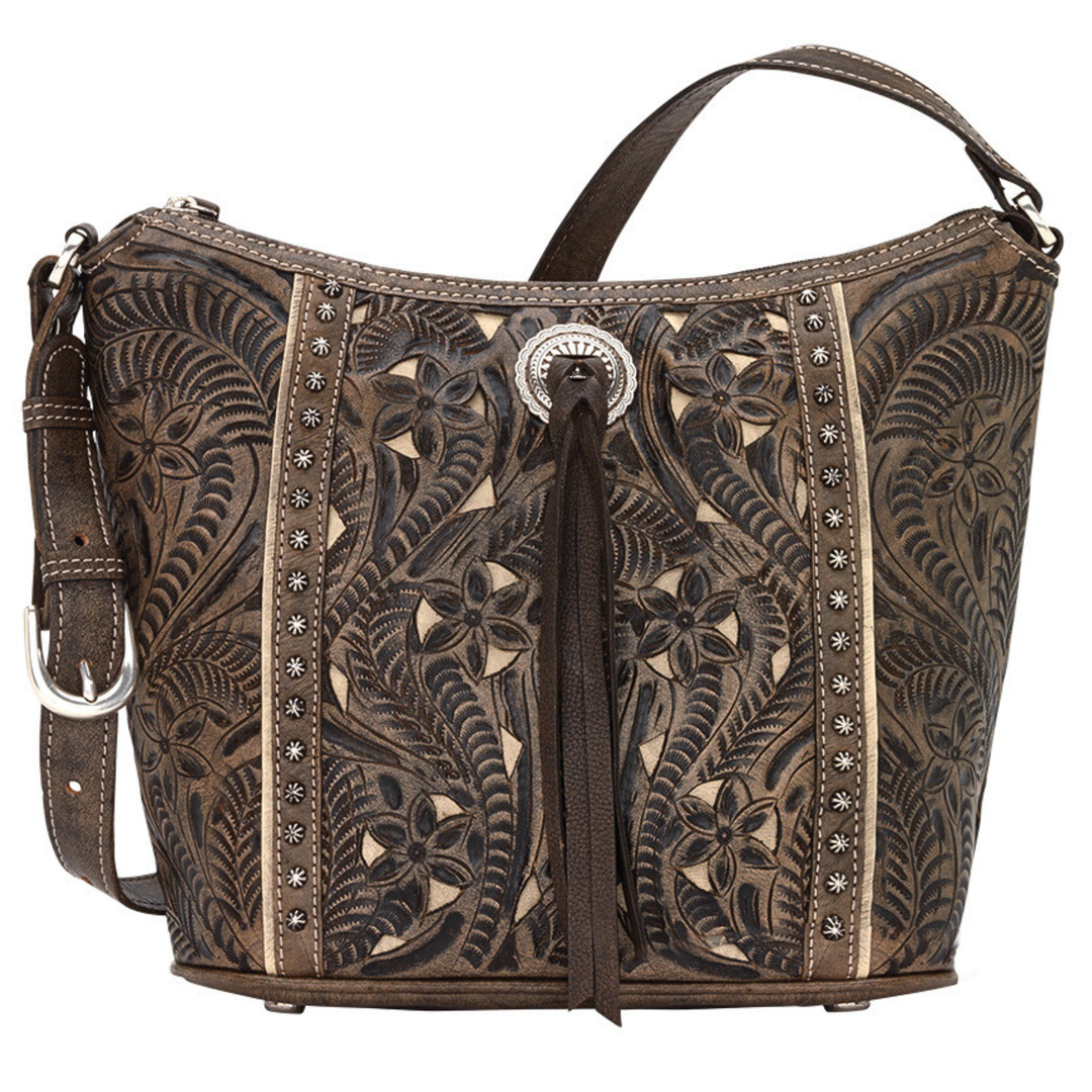 Hill Country bucket tote in distressed charcoal brown with hand tooled leather accents and bolo concho with tassel