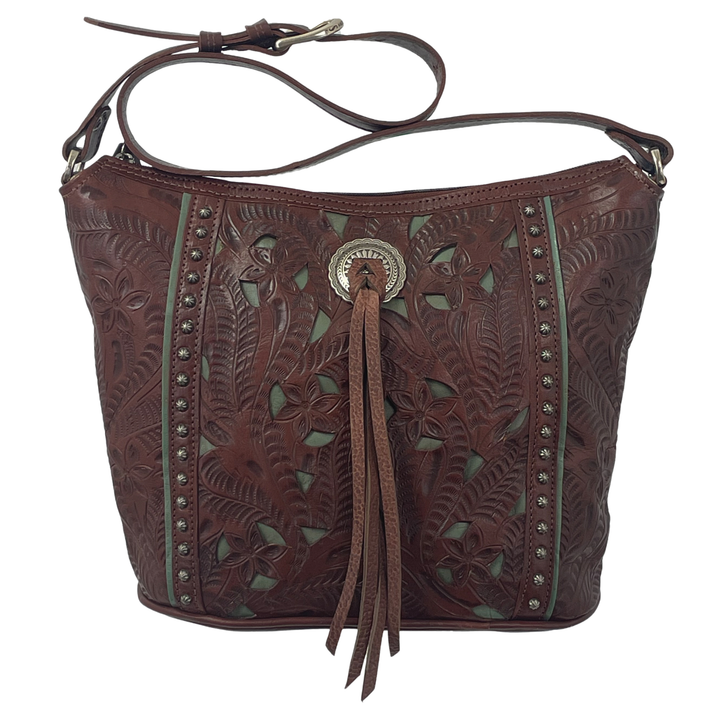 Hill Country bucket tote in dark brown with hand tooled leather accents and bolo concho with tassel