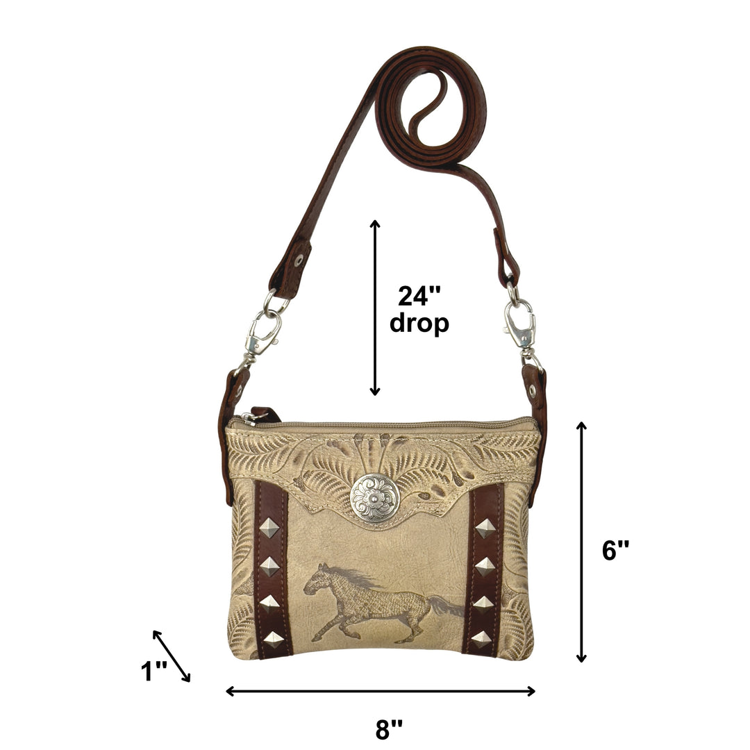 a small purse with a horse design, featuring a 24-inch drop strap and measurements for the purse&