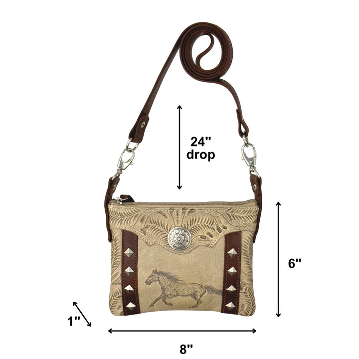 a small purse with a horse design, featuring a 24-inch drop strap and measurements for the purse&