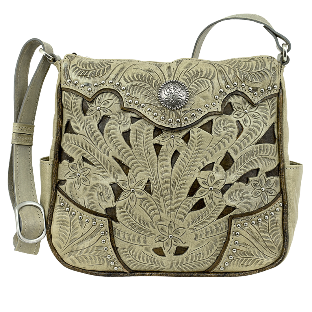 Inlay Eagle crossbody bag in sand with hand tooled leather and cut out accents