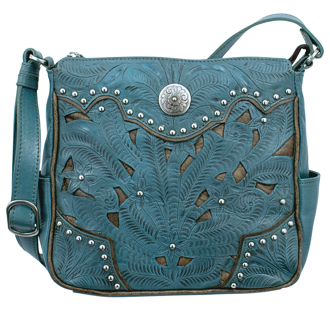 Inlay Eagle crossbody bag in denim blue with hand tooled leather and cut out accents