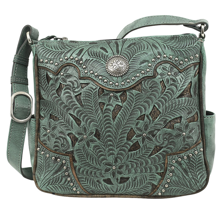 Inlay Eagle crossbody bag in light turquoise with hand tooled leather and cut out accents