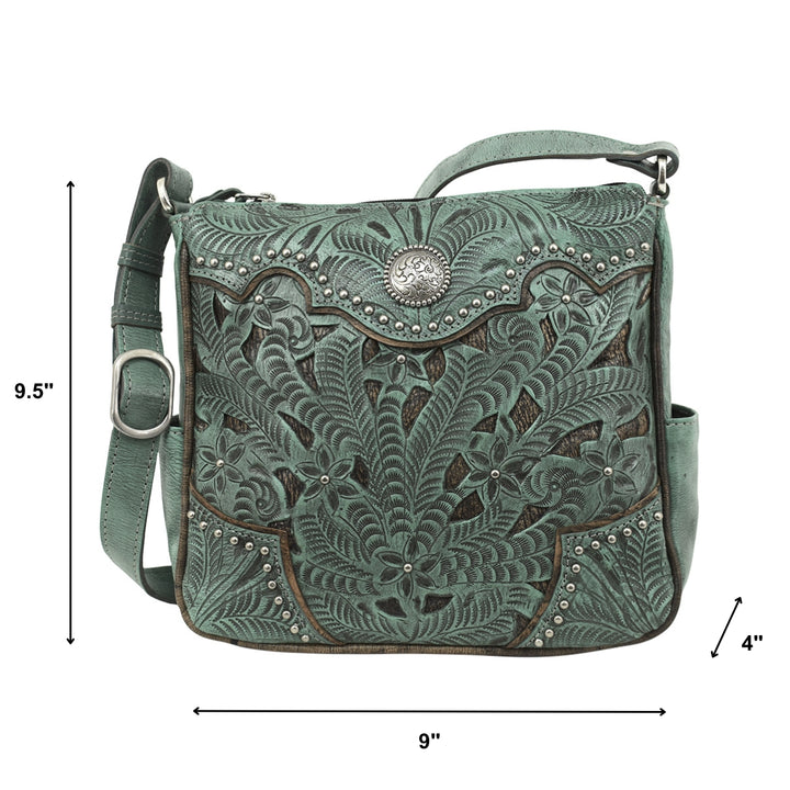 Inlay Eagle crossbody bag in light turquoise with hand tooled leather and cut out accents with dimensions