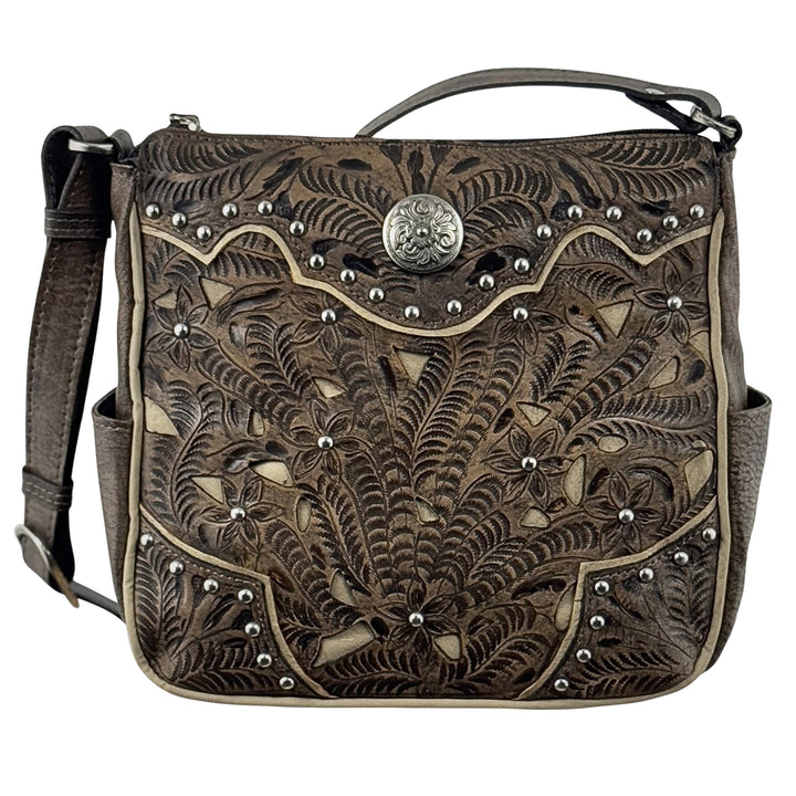 Inlay Eagle crossbody bag in distressed charcoal brown with hand tooled leather and cut out accents