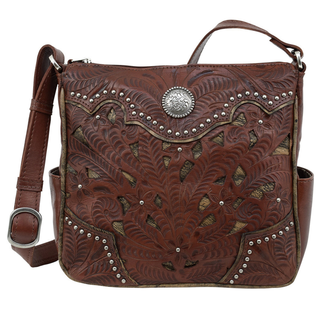 Inlay Eagle crossbody bag in dark brown with hand tooled leather and cut out accents