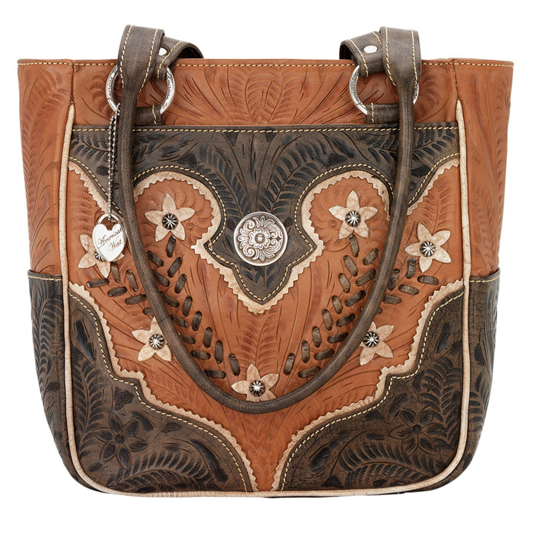 Desert Wildflower bucket tote in natural tan with hand tooled leather cream colored flower accents