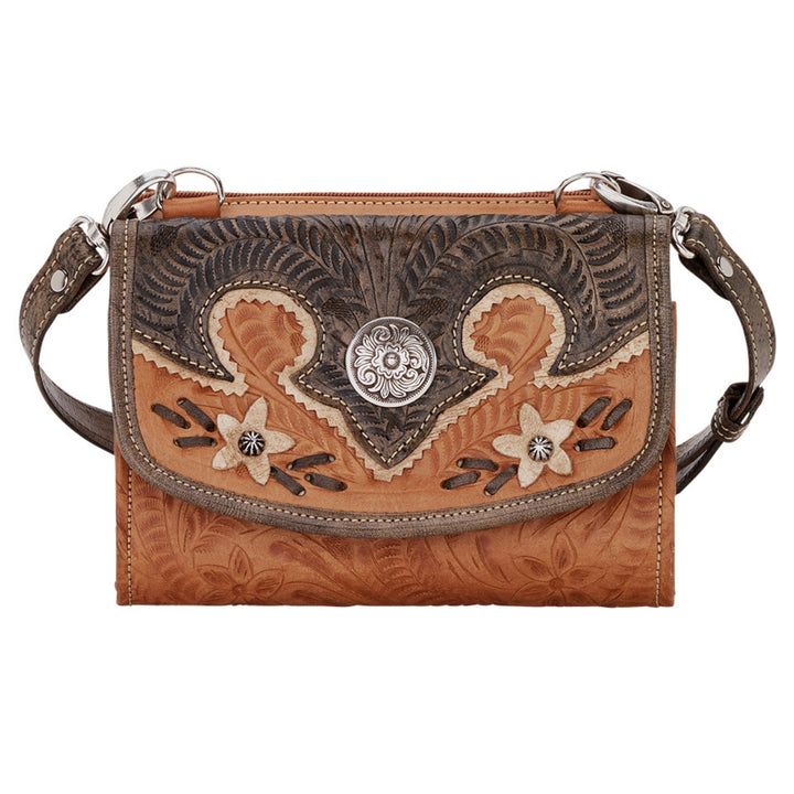 Desert Wildflower crossbody bag in natural tan with hand tooled leather cream colored flower accents