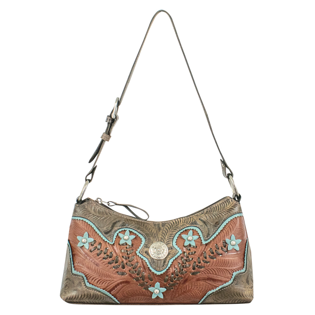 Desert Wildflower shoulder bag in medium brown with hand tooled leather turquoise colored flower accents with strap up