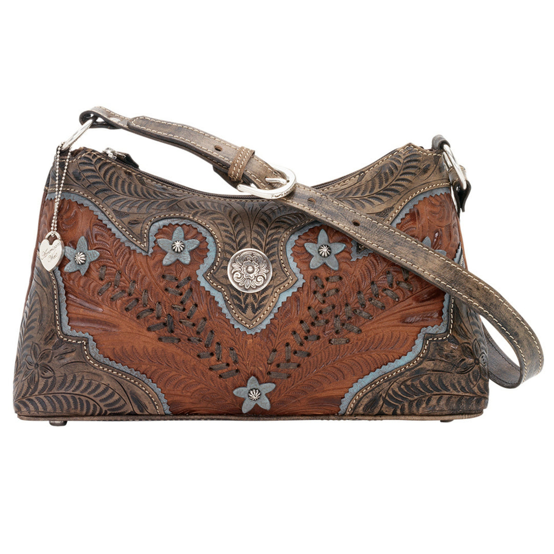 Desert Wildflower shoulder bag in medium brown with hand tooled leather turquoise colored flower accents
