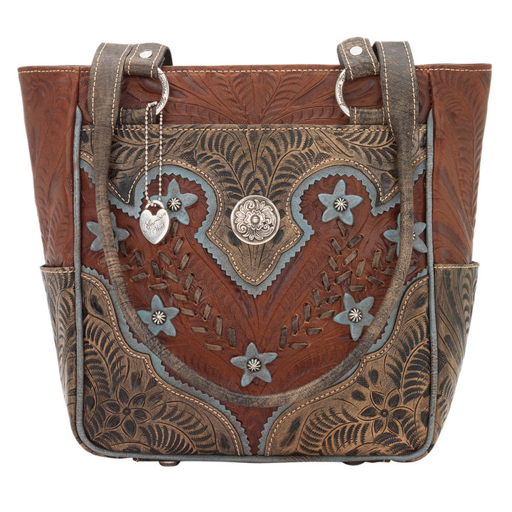 Desert Wildflower bucket tote in medium brown with hand tooled leather turquoise colored flower accents