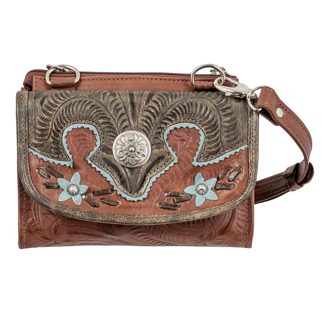 Desert Wildflower crossbody bag in medium brown with hand tooled leather turquoise colored flower accents