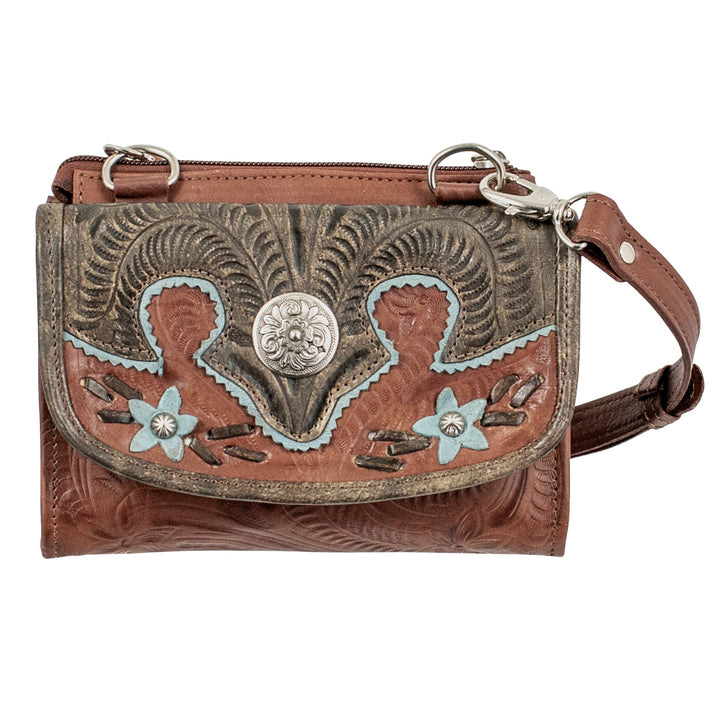 Desert Wildflower crossbody bag in medium brown with hand tooled leather turquoise colored flower accents