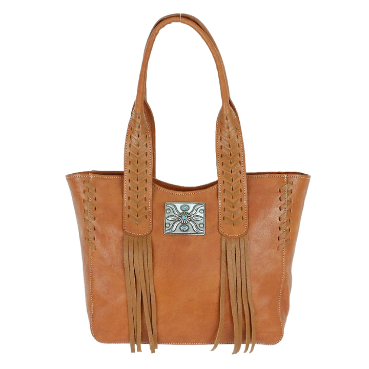 Mohave Canyon tote in natural tan with concho and leather fringe accents