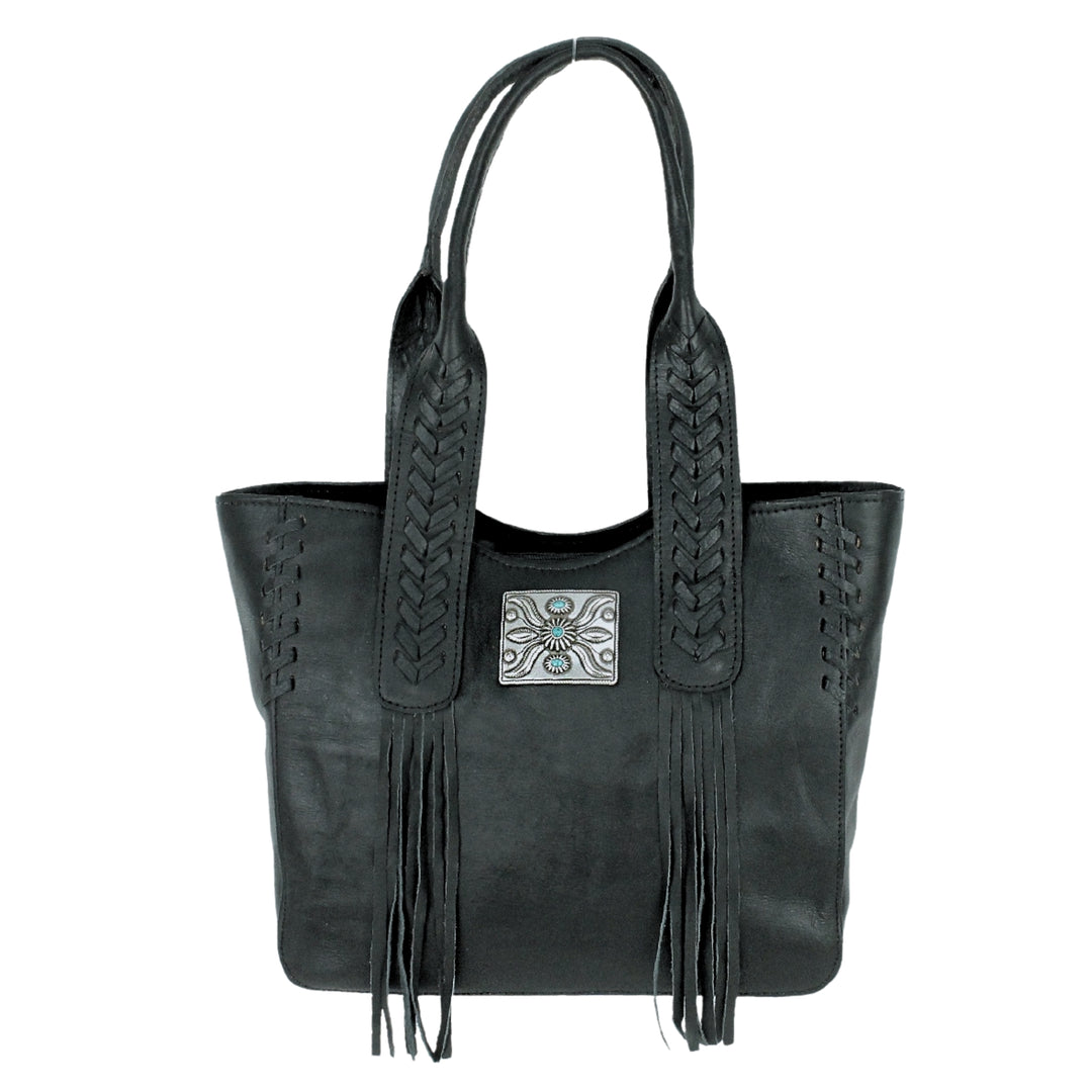 Mohave Canyon tote in black with concho and leather fringe accents