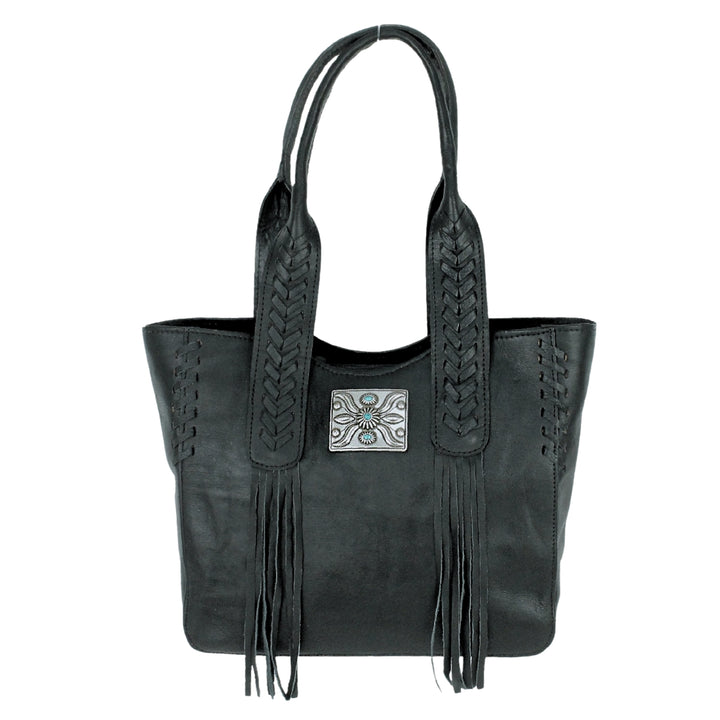 Mohave Canyon tote in black with concho and leather fringe accents