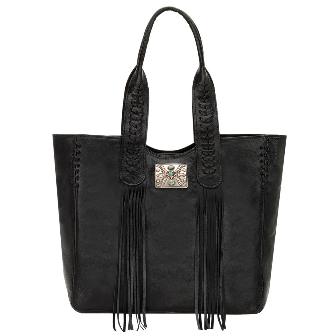 Mohave Canyon tote in black with concho and leather fringe accents