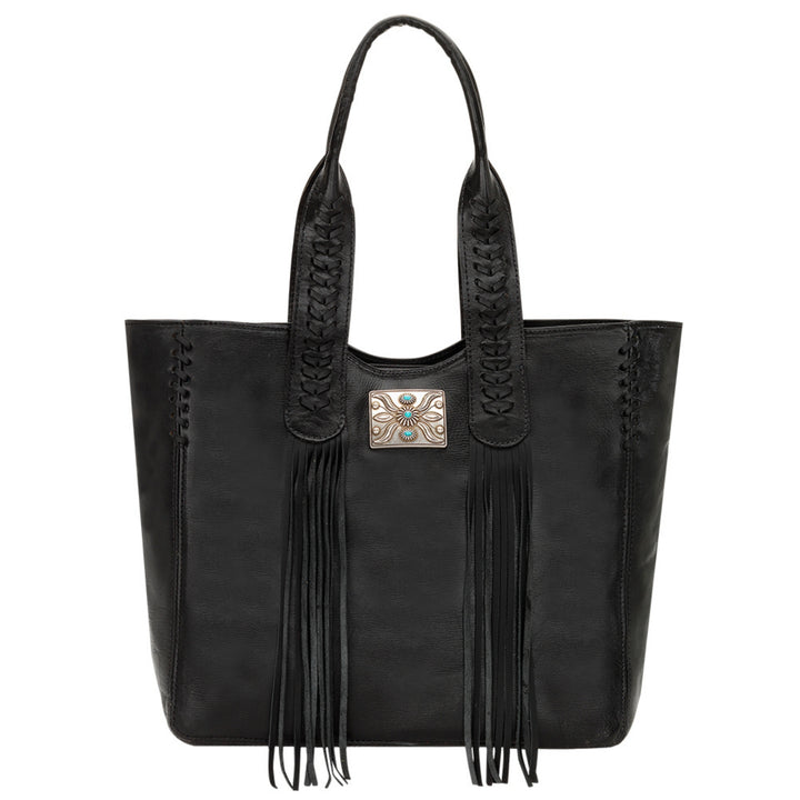 Mohave Canyon tote in black with concho and leather fringe accents