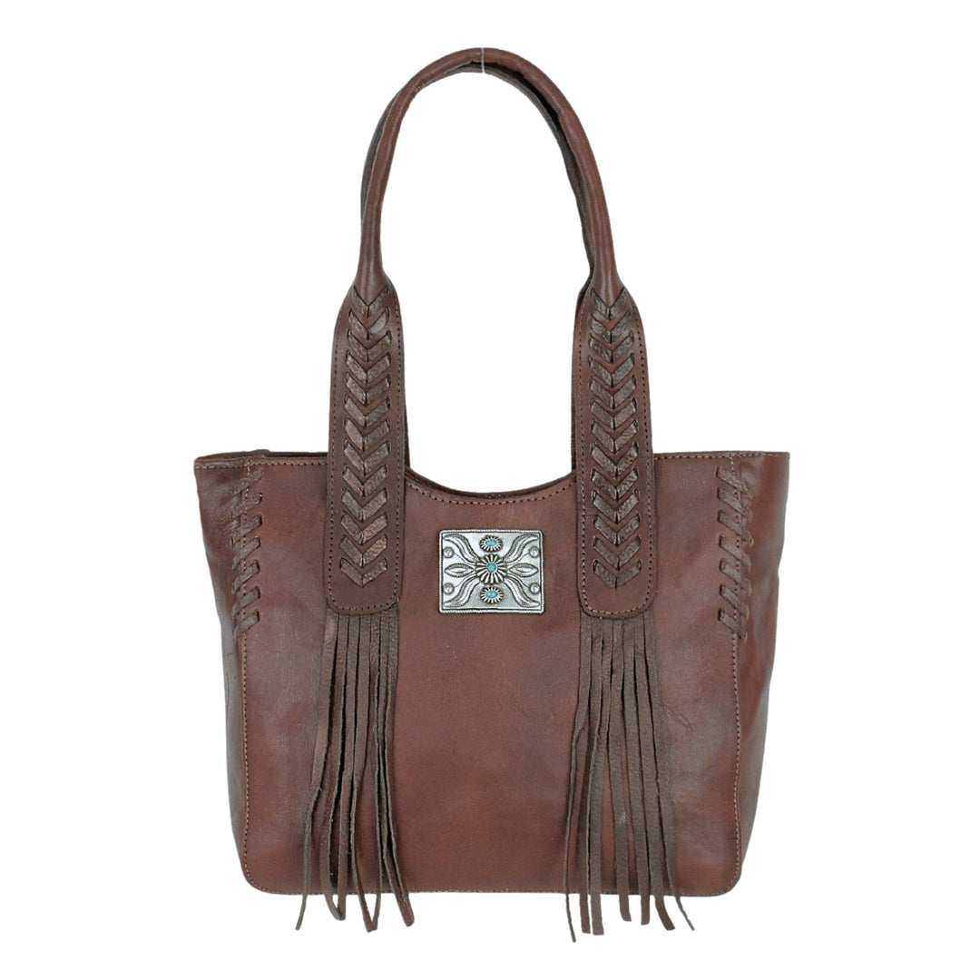 Mohave Canyon tote in dark brown with concho and leather fringe accents