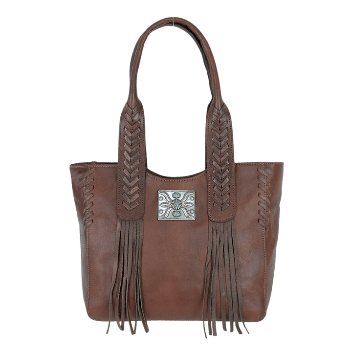 Mohave Canyon tote in dark brown with concho and leather fringe accents