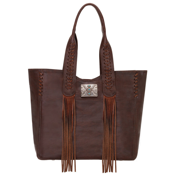 Mohave Canyon tote in dark brown with concho and leather fringe accents