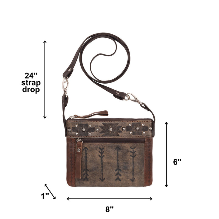 Frontier Arrows crossbody/hip bag in distressed charcoal brown with hand tooled leather accents with dimensions