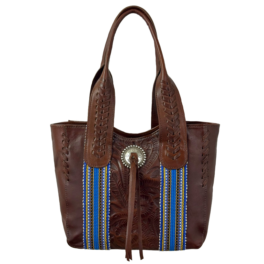 Maká Festive tote in brown with hand tooled leather, blue themed hand woven tapestry, and bolo concho with tassle