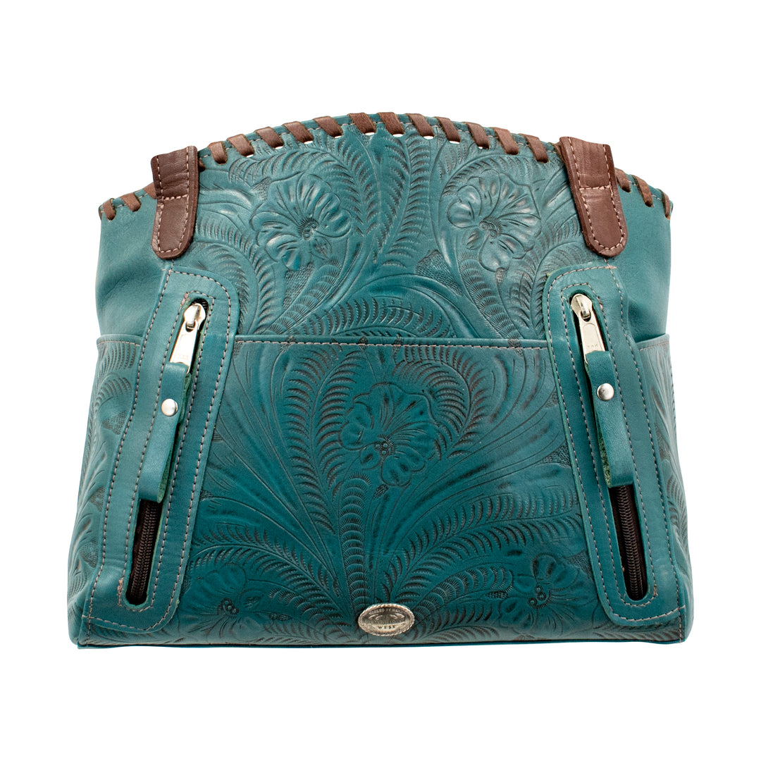 Back view of Lariats and Lace multi-compartment conceal carry tote with back zippered pocket with double opening 