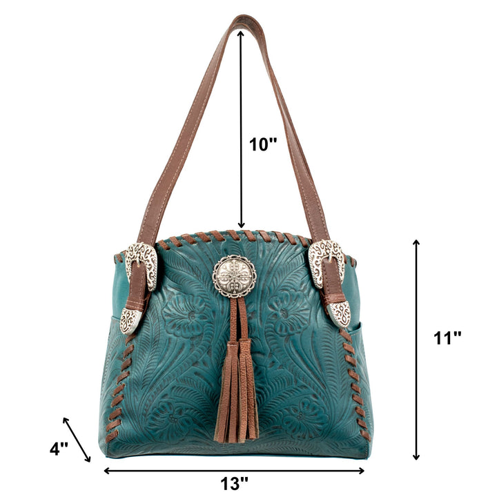 Lariats and Lace multi-compartment conceal carry tote in dark turquoise with hand tooled leather, concho and tassel accents with dimensions