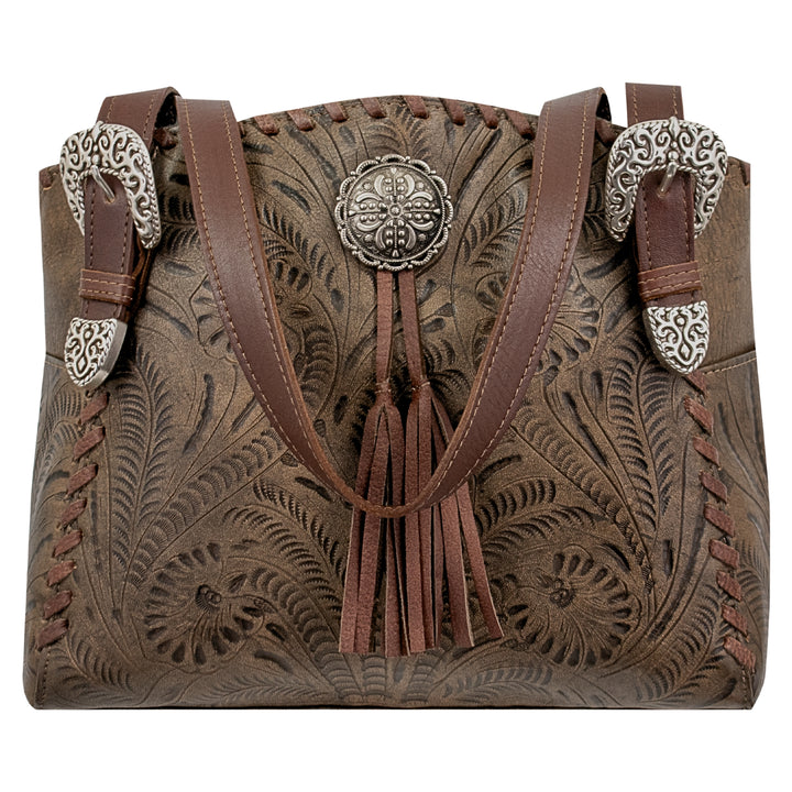 Lariats and Lace multi-compartment conceal carry tote in distressed charcoal brown with hand tooled leather, concho and tassel accents