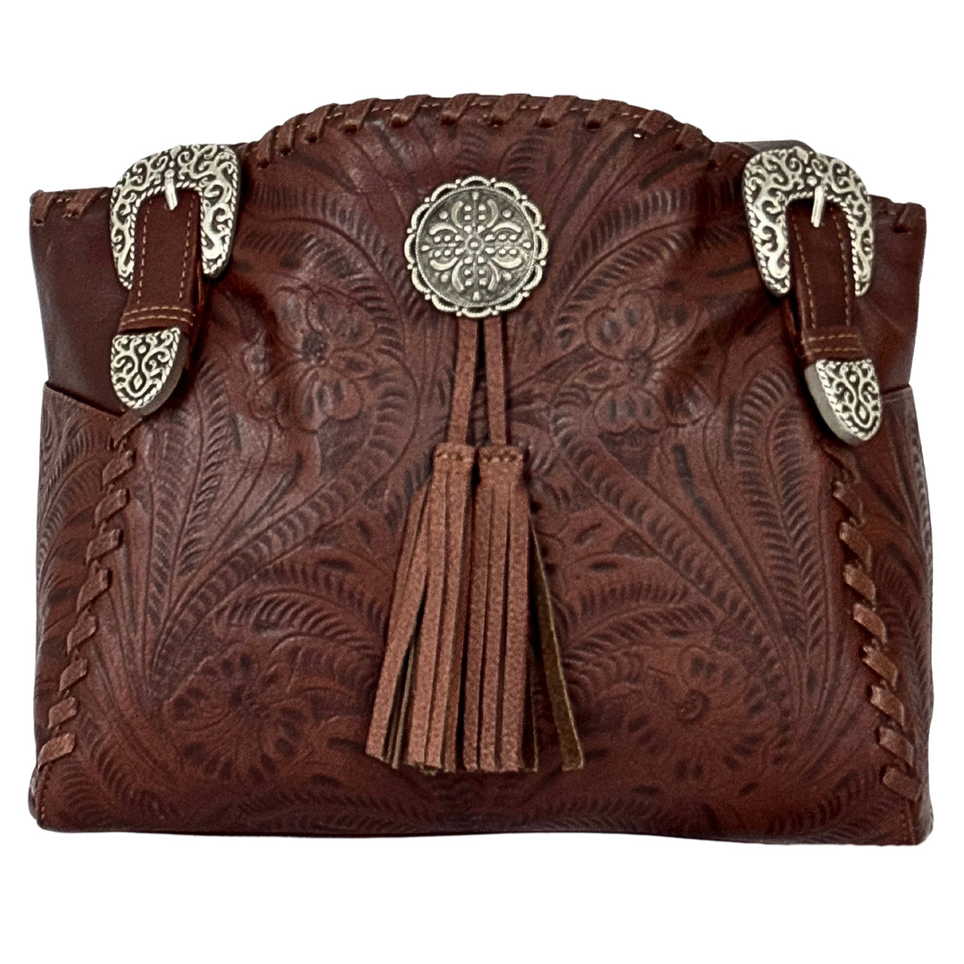 Lariats and Lace multi-compartment conceal carry tote in dark brown with hand tooled leather, concho and tassel accents