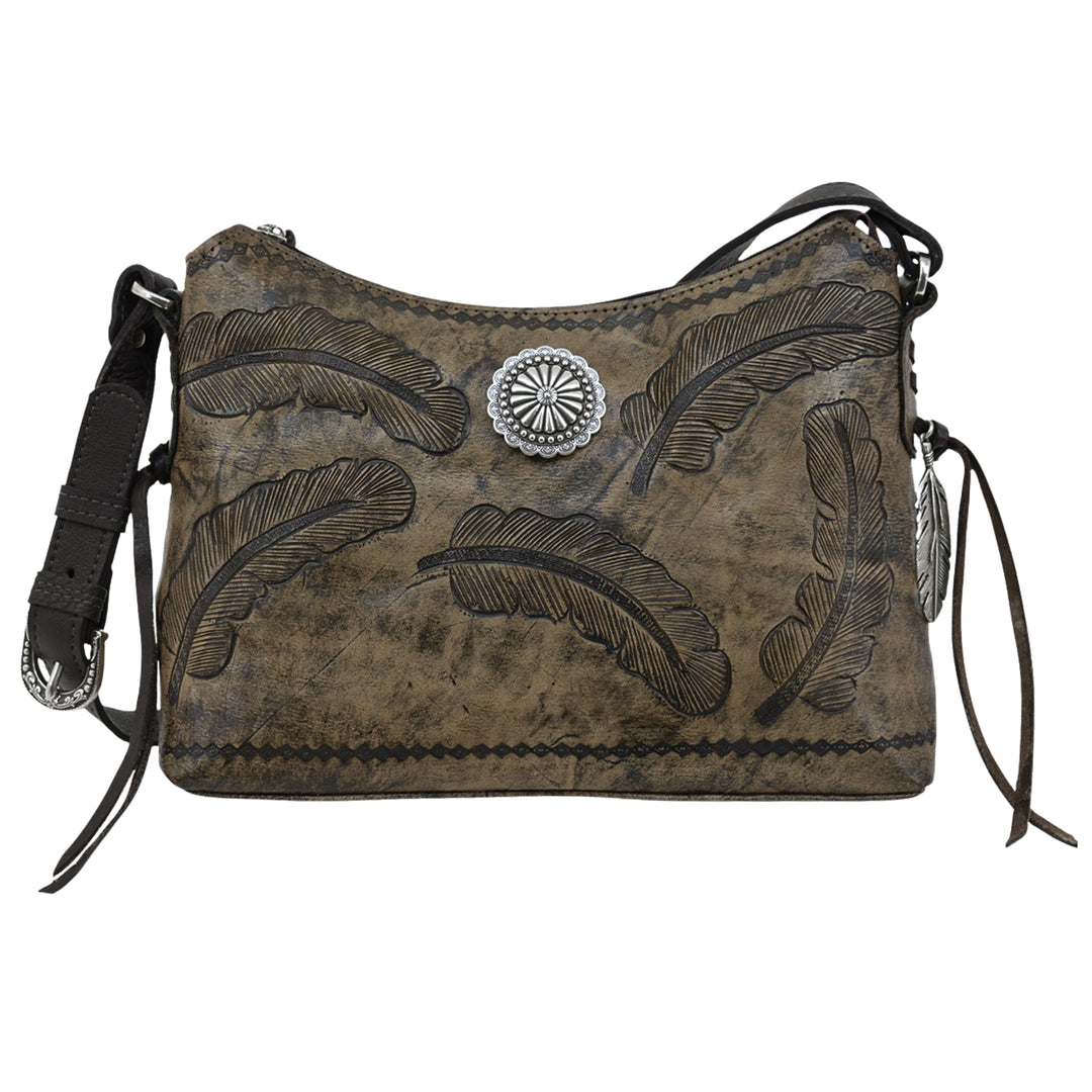 Sacred Bird shoulder bag in distressed charcoal brown leather with hand tooled feathers