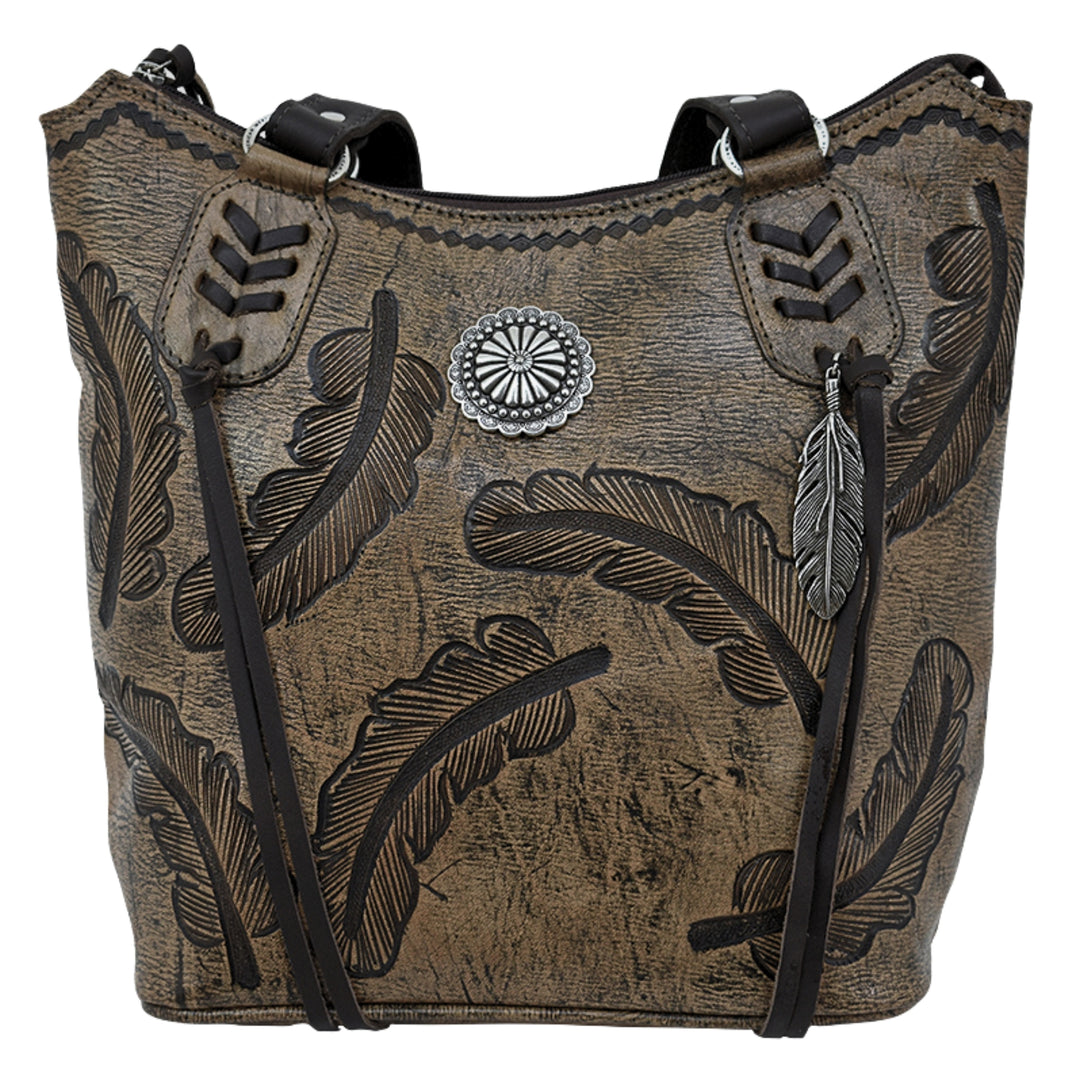 Sacred Bird bucket tote in distressed charcoal brown leather with hand tooled feathers