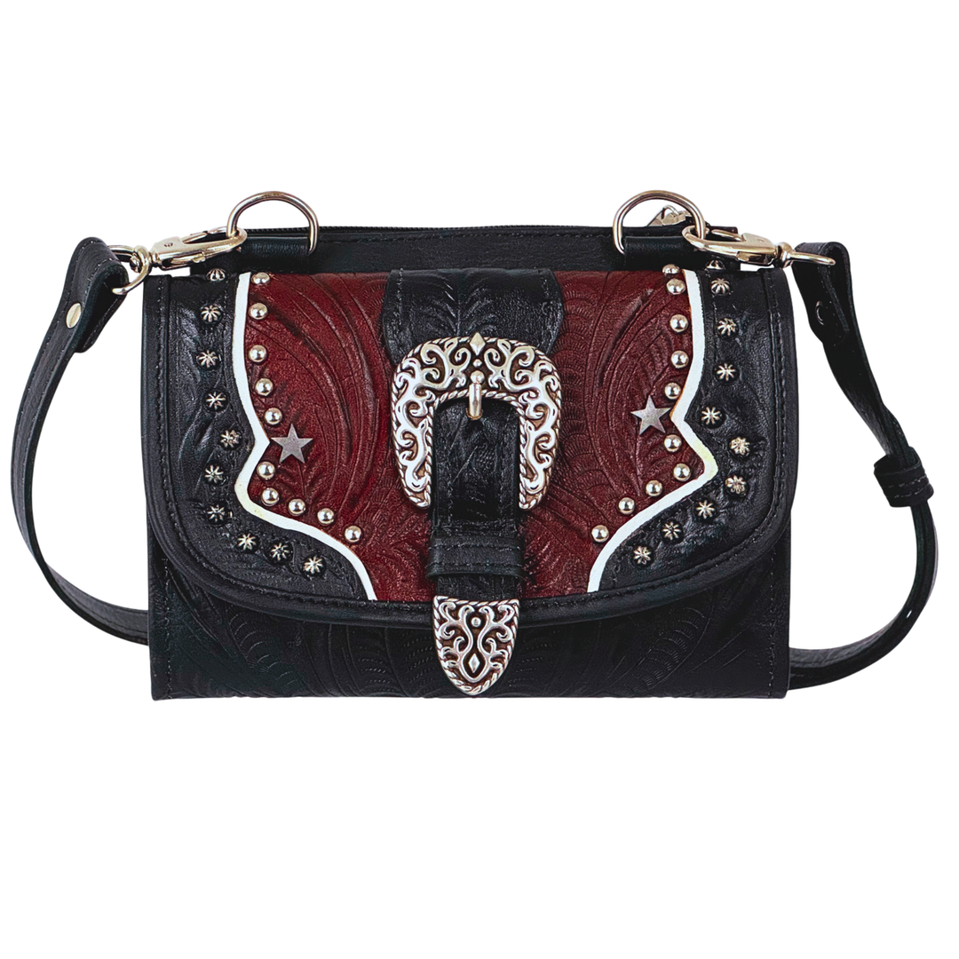 Texas Two Step crossbody bag in navy blue with hand tooled leather and buckle accents
